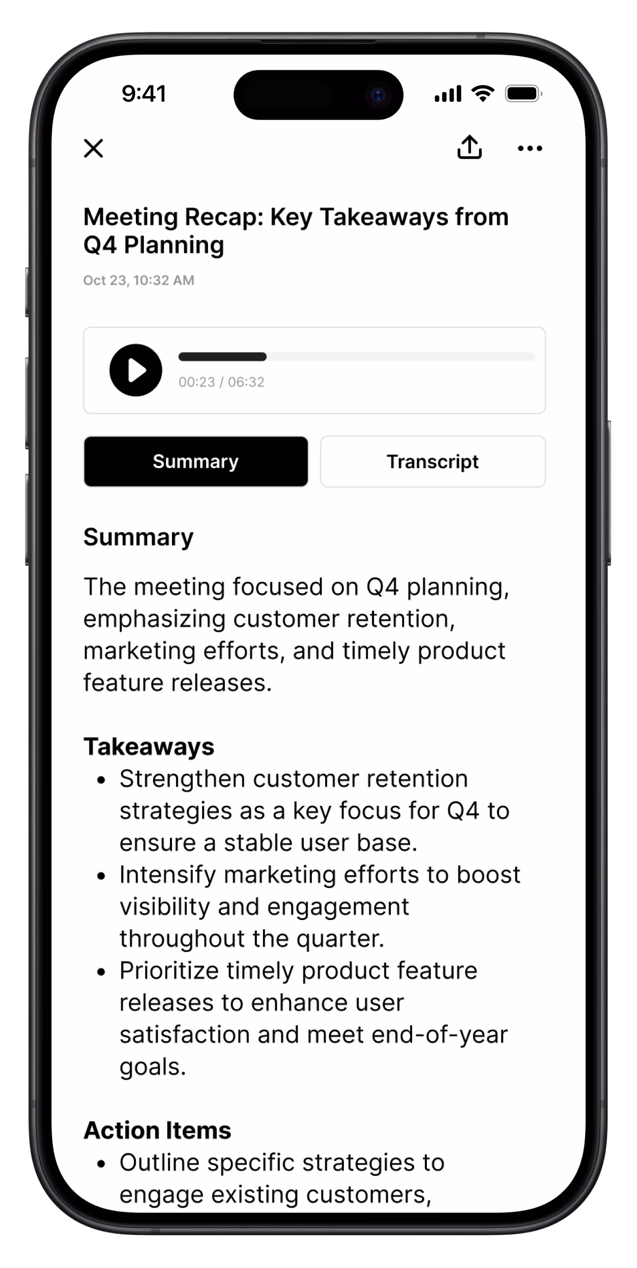 A finished Recap note showing the summary, takeaways and action items from a meeting